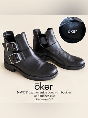 Ōker Black Leather Double Buckle Ankle Boots – Women’s Size 7 NWOT